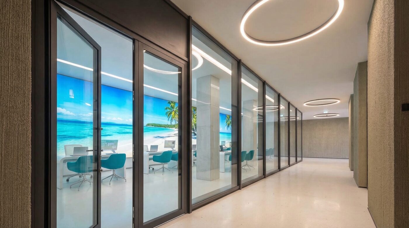 Vizualizace — klientské centrum cestovní kanceláře s tropickou velkoplošnou grafikou