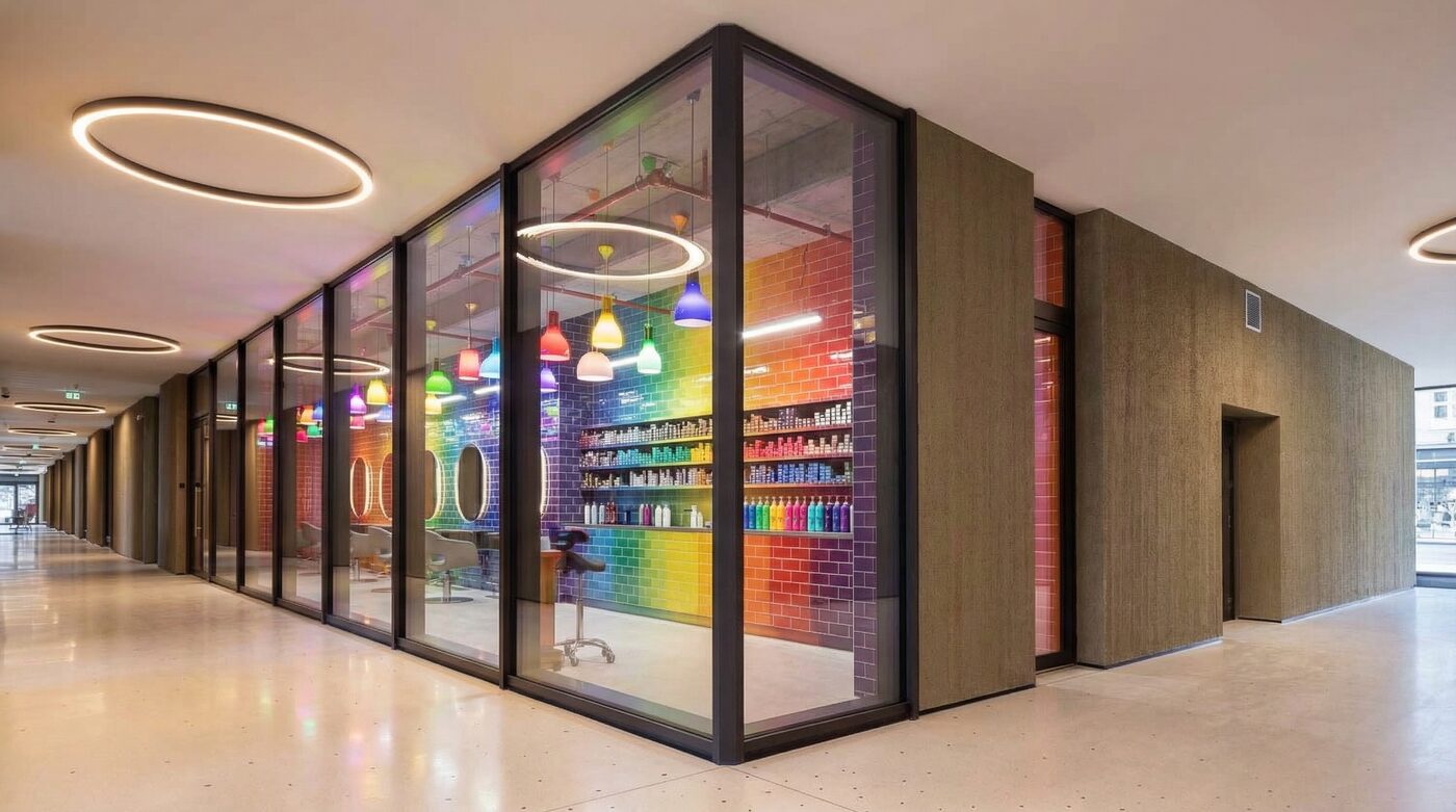 Vizualizace — designové kadeřnictví s barevnými obklady a závěsnými svítidly