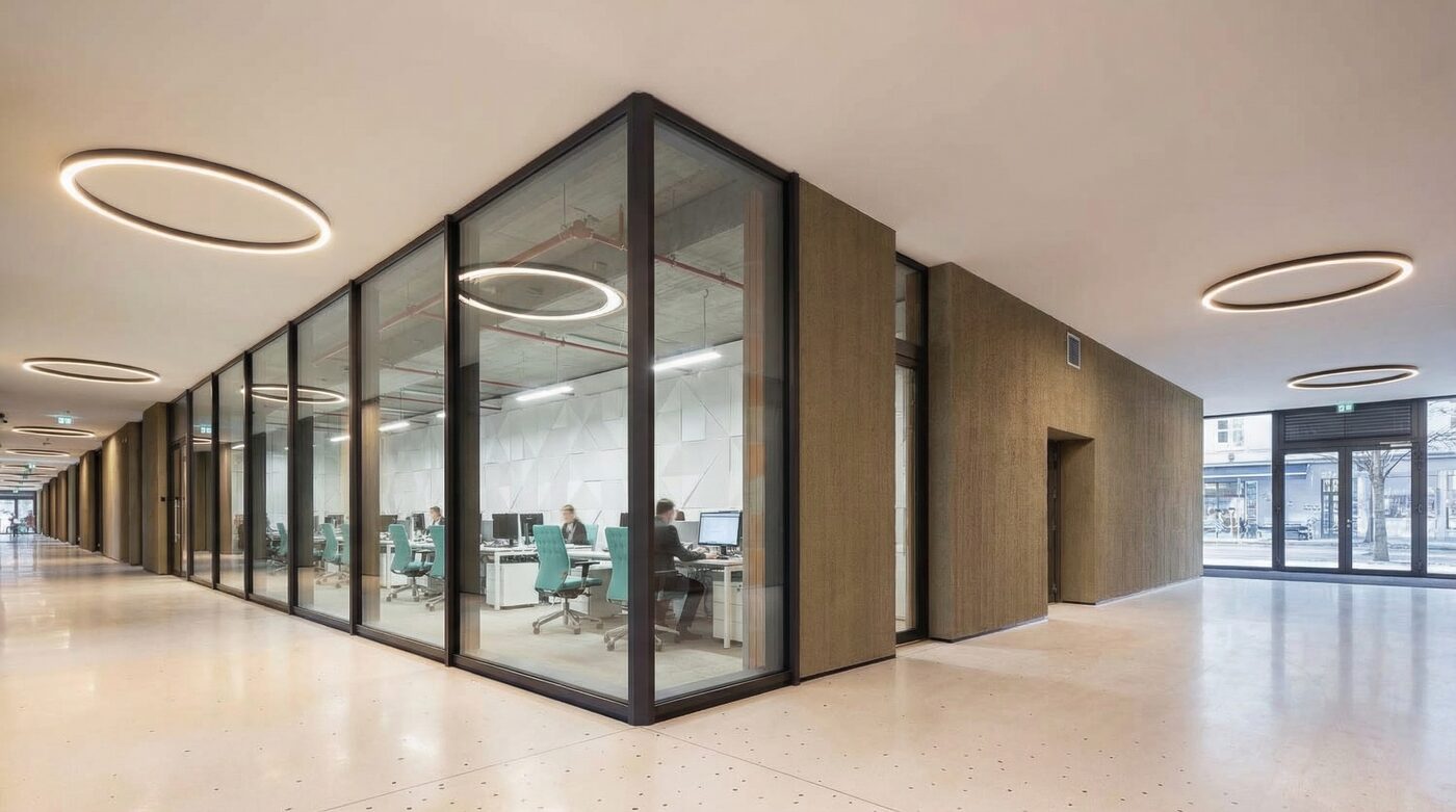 Vizualizace — světlá otevřená kancelář se skleněnými přepážkami