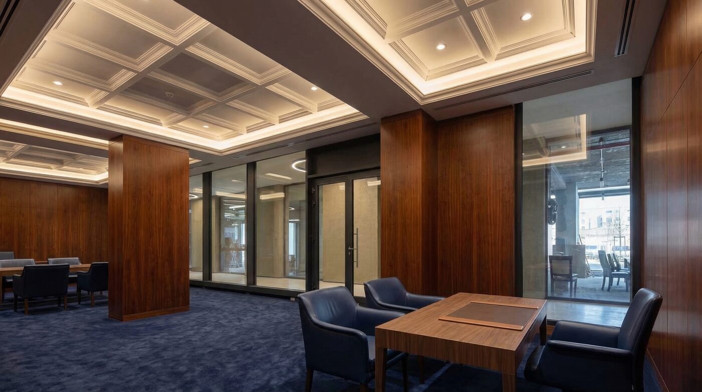 Vizualizace — reprezentativní kancelář v dřevěném obkladu s kazetovým stropem