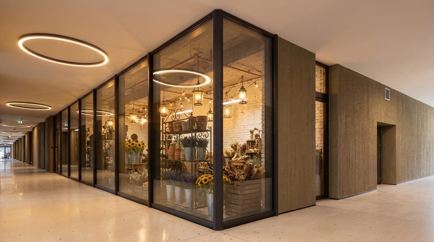 Vizualizace — klasické květinářství v pasáži s lampičkami a dřevěnými stojany