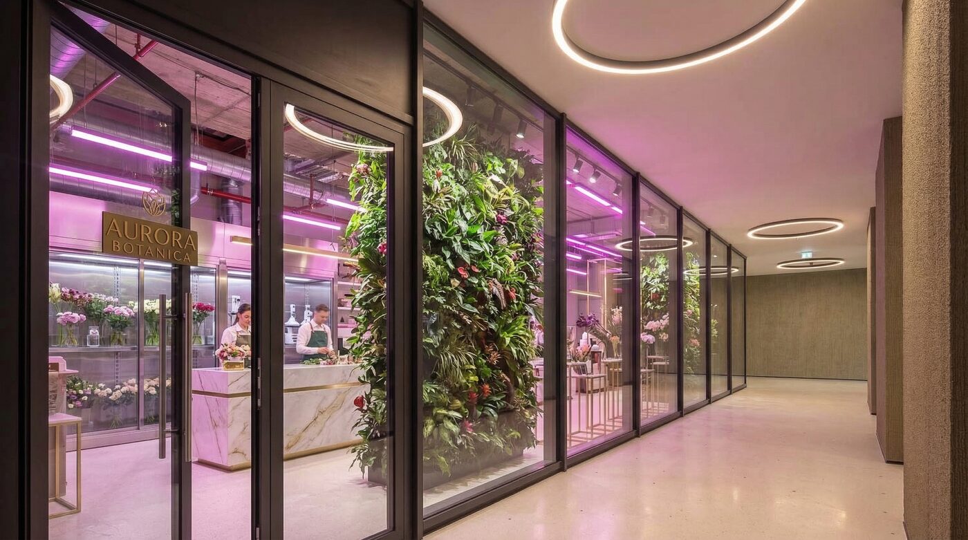Vizualizace — moderní květinářství s vertikální zelení a neonovým osvětlením