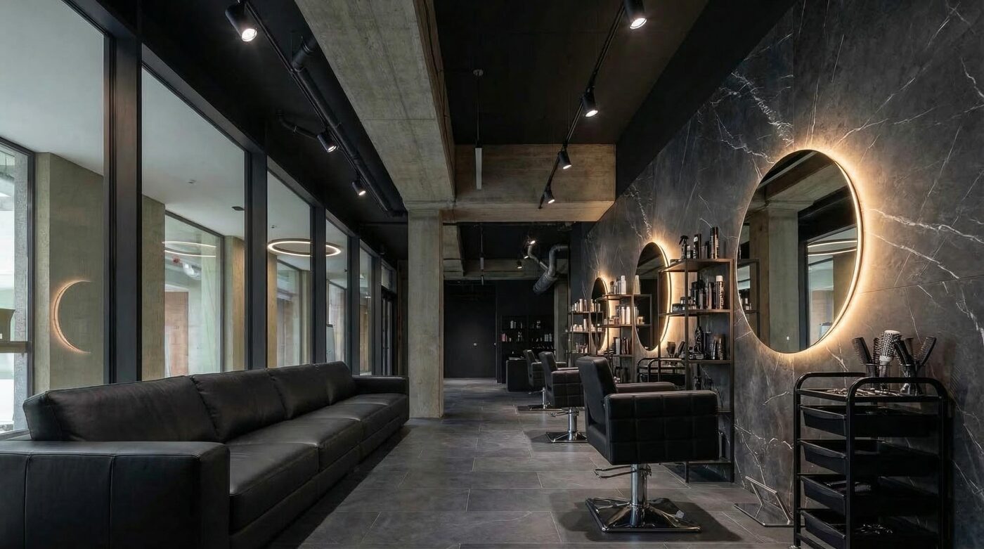 Studio krásy v komerční jednotce — tmavý mramor, kruhová zrcadla, kožená sedačka