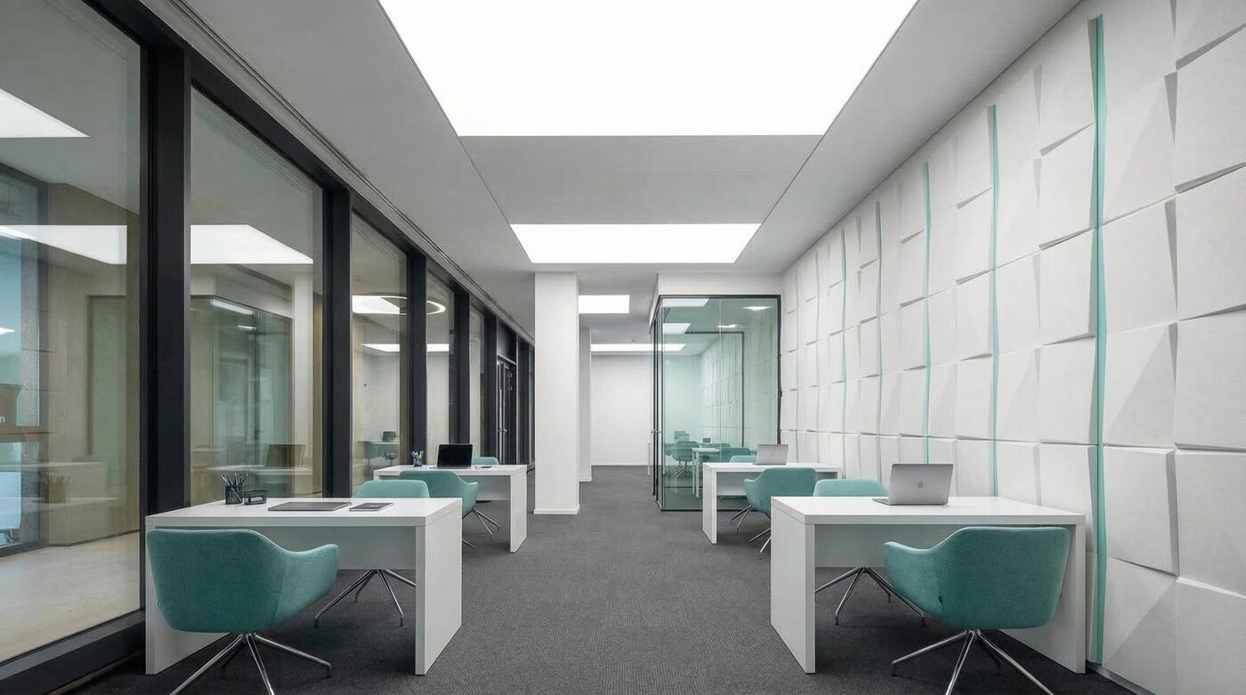 Otevřená kancelář s pracovními stanicemi a 3D obkladem stěny