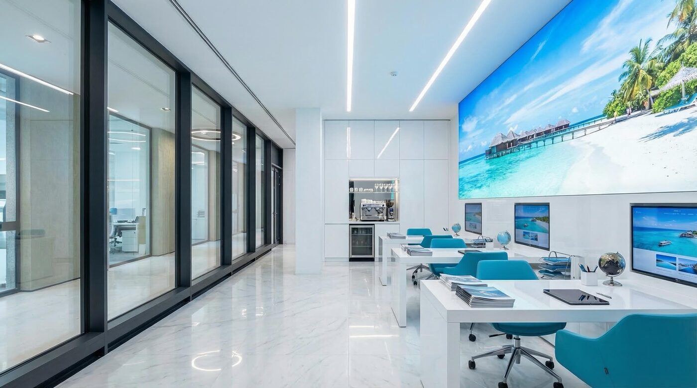 Klientské centrum cestovní kanceláře s recepčními pulty a velkoplošnou grafikou