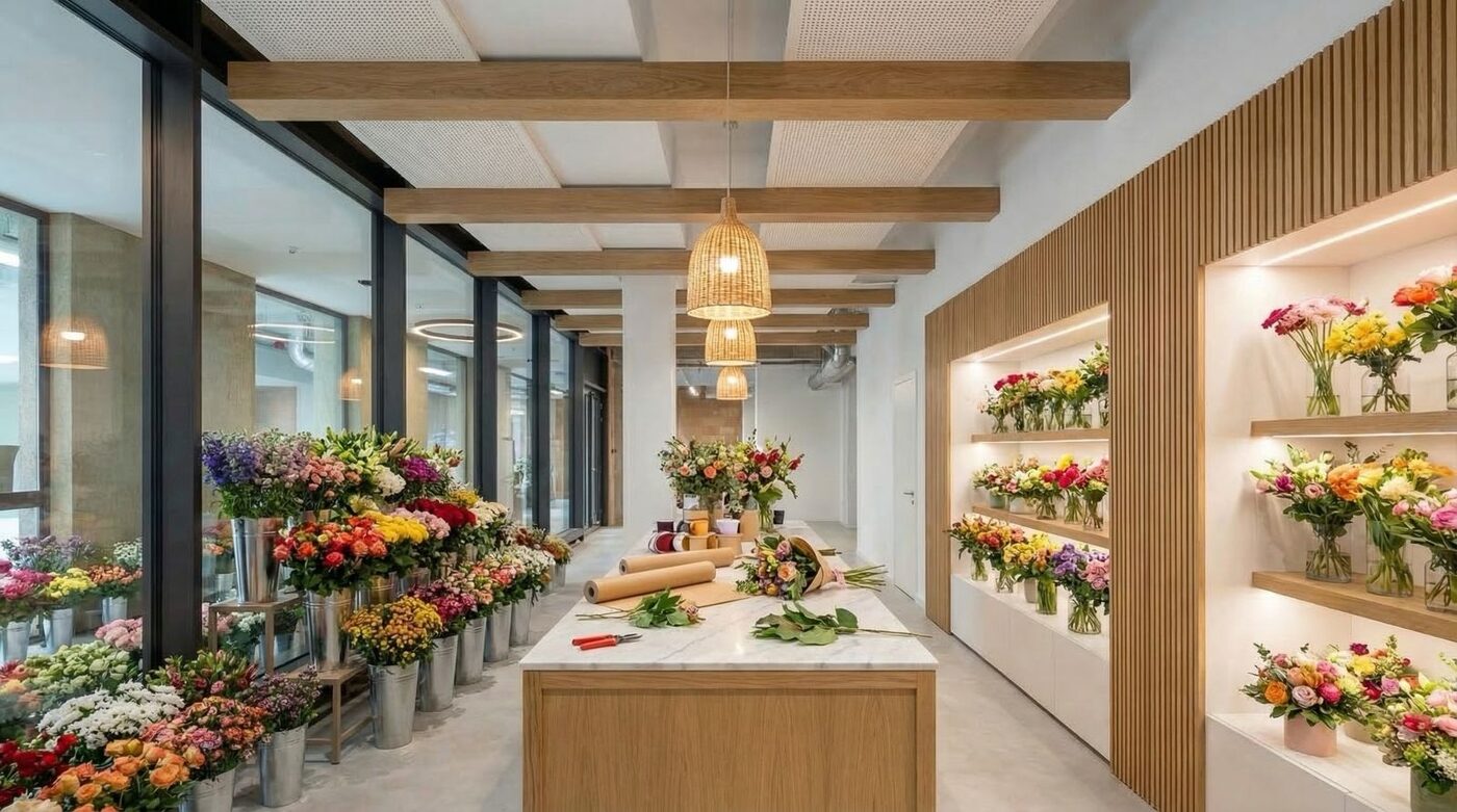 Květinářství v podobném komerčním prostoru — dřevěné prvky, dlouhá výloha